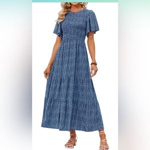 Blue Floral Maxi Dress with Short Flutter Sleeves